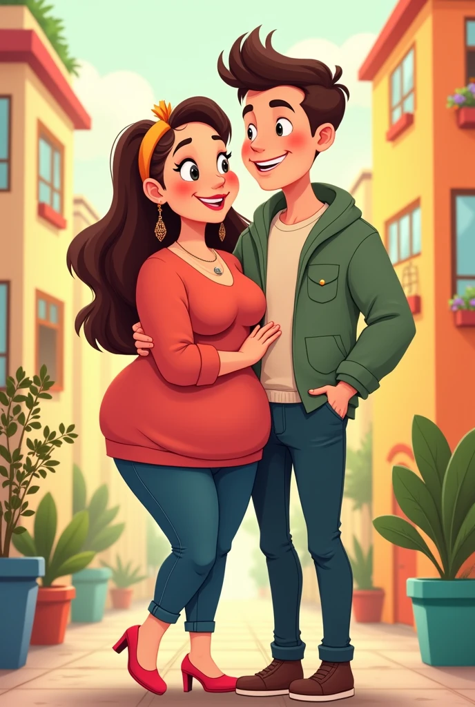 Create a cute cartoon couple of a pretty fat woman and a skinny man

