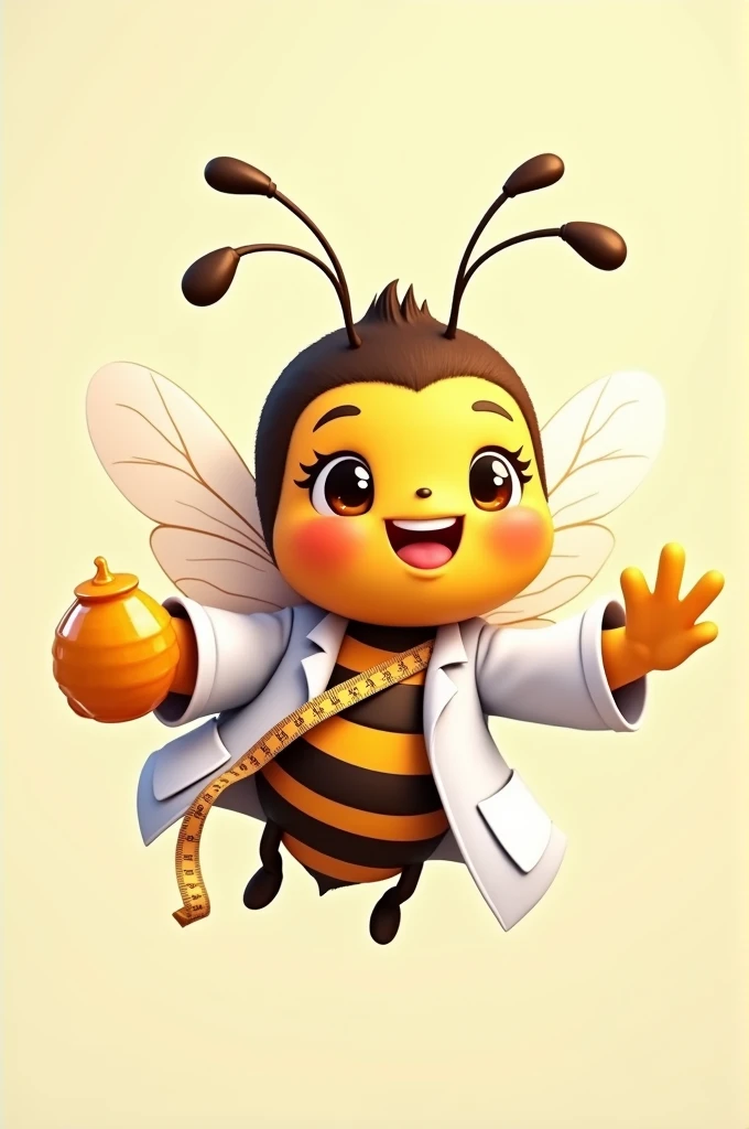 nutritionist bee in lab coat with a measuring tape around her neck cute realistic happy flying with her wings holding some honey