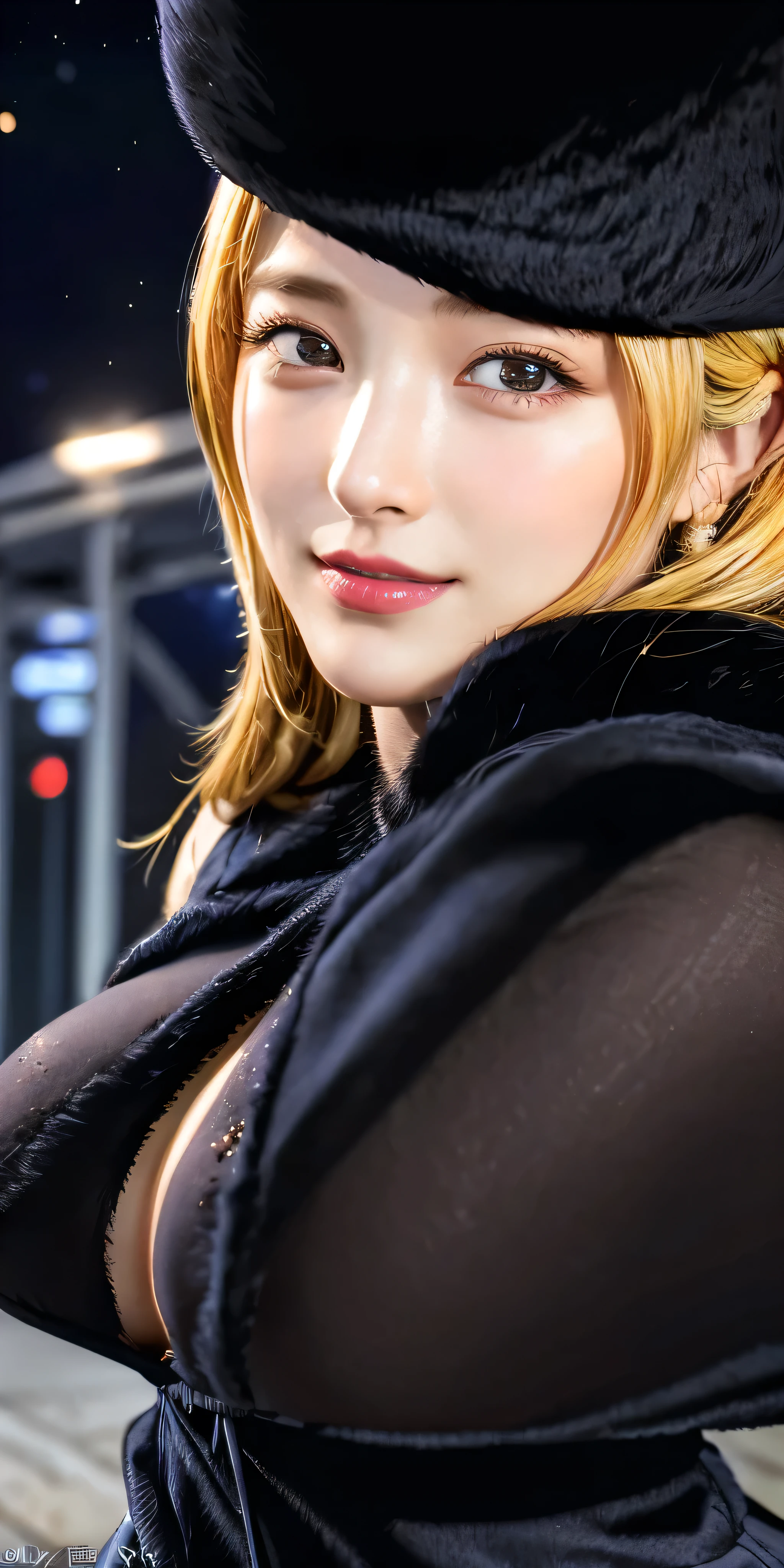 Maetel, Long Hair, Blonde,Fur trim, Black Hat, Fur hat, dress,(Cowboy Shot:1.1), Obscene eyes, (luggage:1.1), vapor (station:1.1),stationのプラットホーム,  night, Milky Way,999 Best Quality, Very detailed, masterpiece, Absurd,8k,   (Detailed eyes, Deep Eyes),photoRealistic, Realistic,Detailed skin texture, Detailed pupil,High resolution,
1 Female,(Happy:1.1),smile, (Angular face:1.2),Shining Face,((Obscenely huge breasts bigger than her face:1.85)), (Tight waist:1.35), Lip Makeup,Long eyelashes, Obscene body