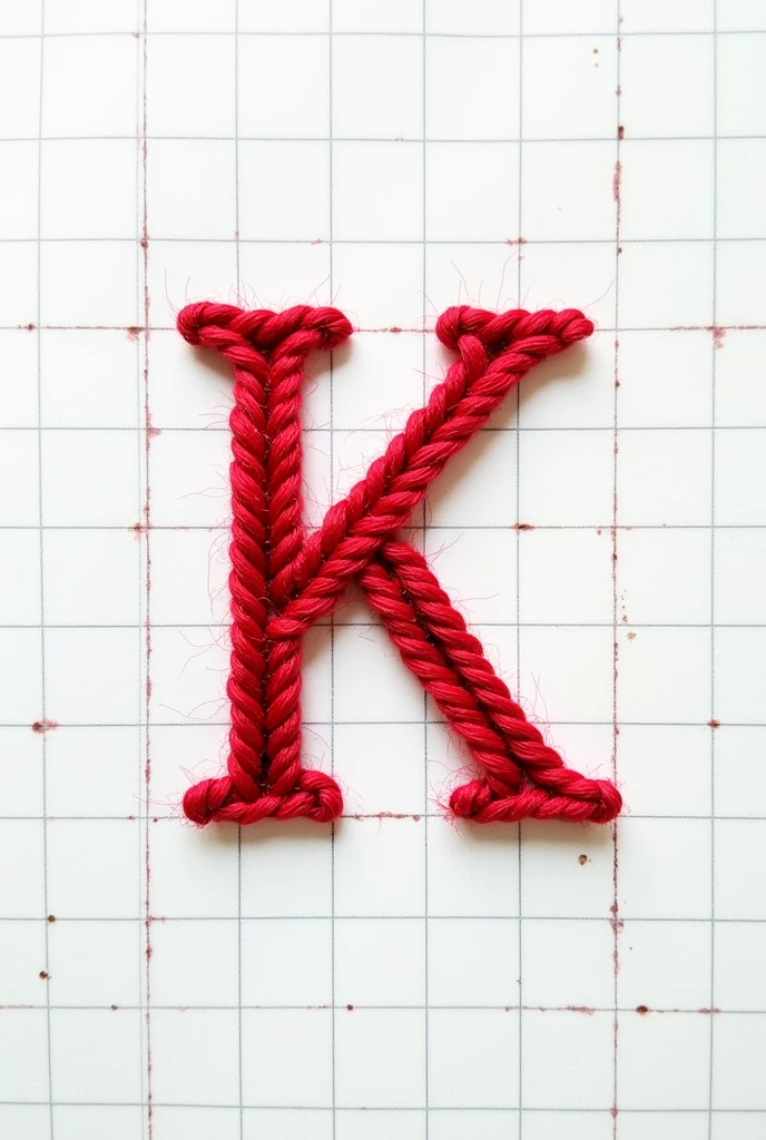 The letter K sewn with red thread in a single stitch on a white checkered notebook sheet
