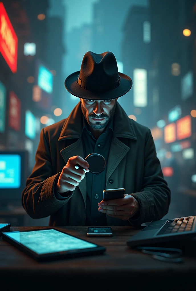 A person wearing a detective hat, holding a magnifying glass and a smartphone, surrounded by various media devices (TV, computer, tablet, etc.).