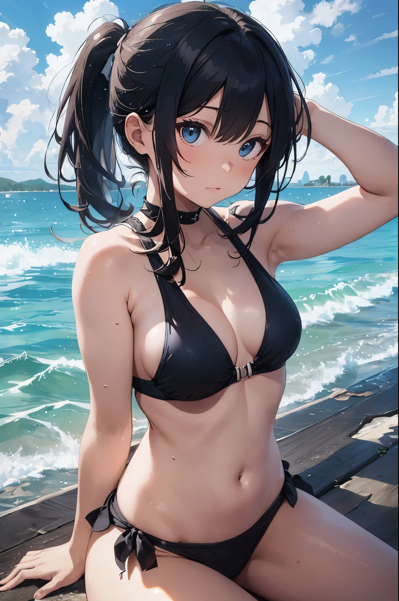 4K,8k,High resolution,Pink Swimsuit、
Quite a young woman,Blue Hair、Ponytail Blue Swimsuit、
(Soft Saturation:1.3), (Fair skin:1.2),
(ultra-Detailed Background, Detailed Background), Bokeh,
break&#39;Smiling portrait.,
When viewed from the front, The composition is symmetrical,
Looking straight at you with serious eyes,
break Swimwear, Blue Bikini, Center of chest, 
Outdoor, Sea surface, null, sunlight,Summer beach, Sandy Beach,
Strong light, Front lighting, 
(:1.3), (Cowboy Shot:1.2),
Front brake angle,
View your viewers,
Dynamic pose,
sitting on the beach
Wakame seaweed、Wakame seaweed、
Seaweed、Seaweed、Seaweed、Seaweed、Seaweed、Seaweed、Seaweed、