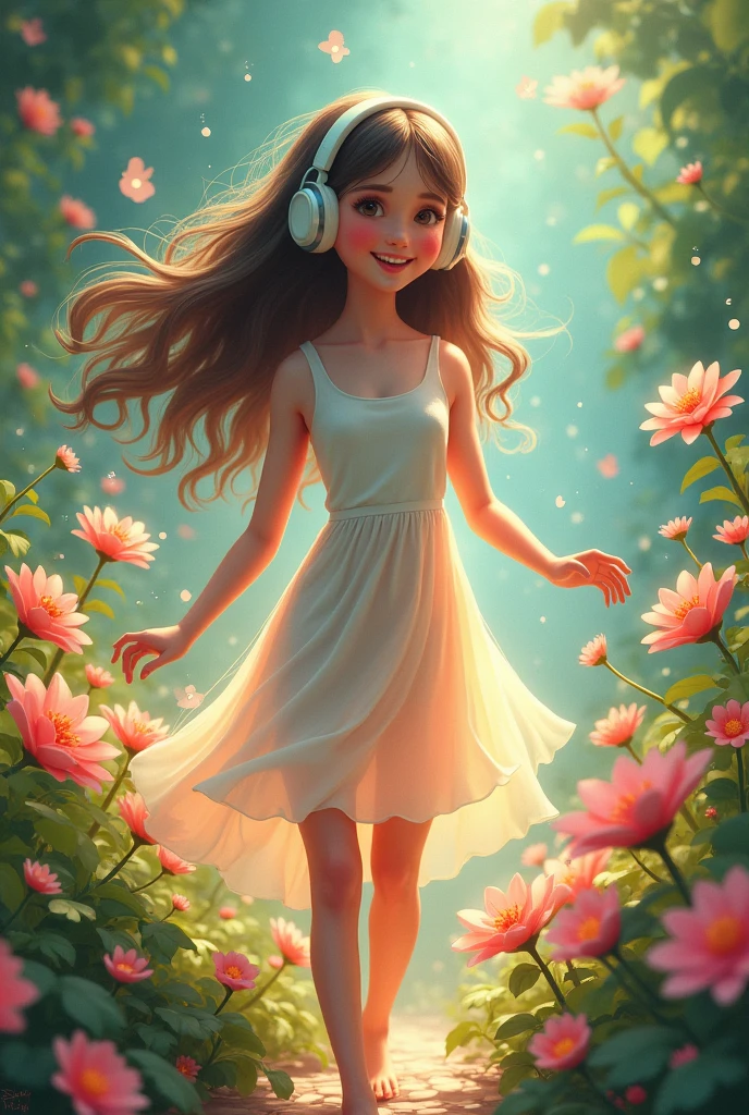 When she walks,grows flowers around it,She is a happy and magical girl.Believe it as I tell you.Create it with beautiful and magical details and headphones on.,Put all the details I told you.