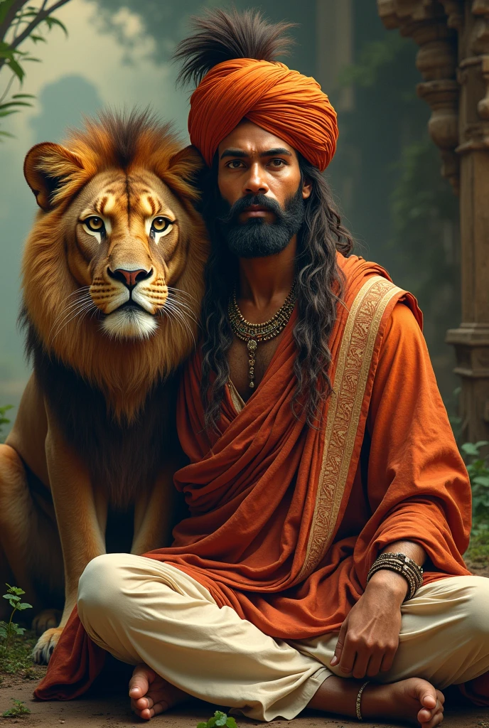 A Indian man sitting behind lion