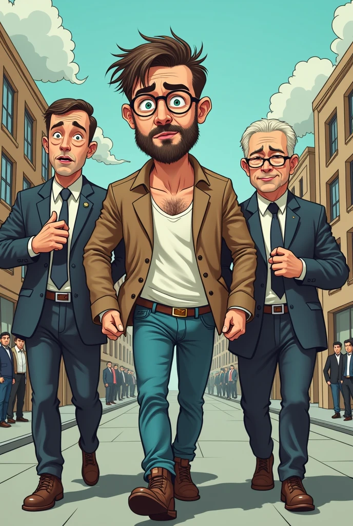 A normal man being taken to the asylum in cartoon format 