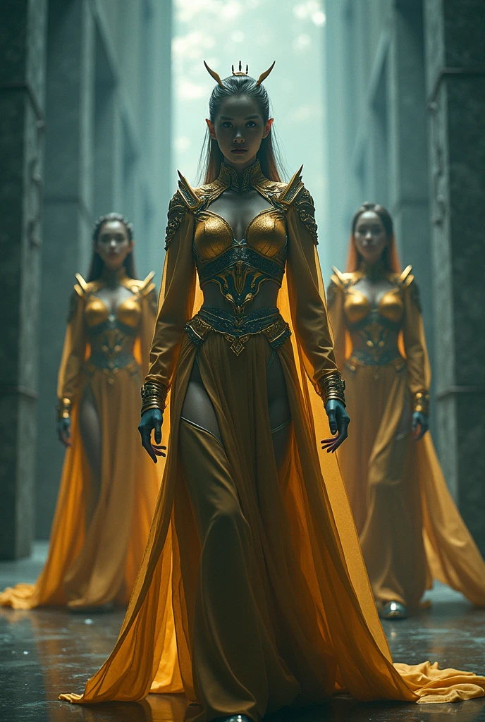 Alien technology martial arts costumes, fashion photography,Gold and silver clothing , Dim lighting,gloomy,Photorealistic,Create tension、Sinister atmosphere。The viewing angle is from below,Emphasizing the sheer majesty and power of the giantess。,Inspired by Chinese Xianxia and Cyberpunk。(best quality,4K,8K,high resolution,masterpiece:1.2), (Practical,Reality,Photo-real:1.37). information,