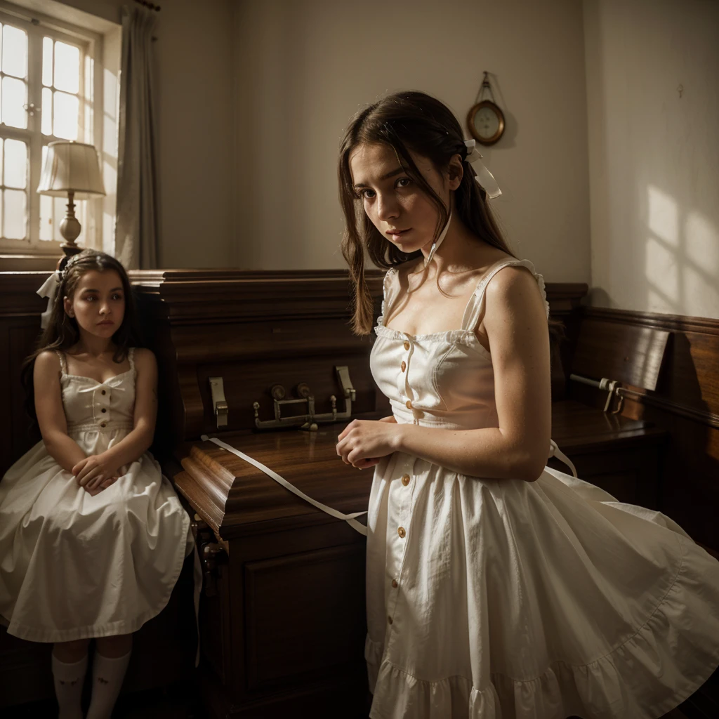  Jewish girl, white dress, hair with ribbons, rag doll with a single button eye in her hand, interior of an old funeral home, Krakow, year 1943, horror image,ultra HD, hyperrealism, 16k, cinematographic