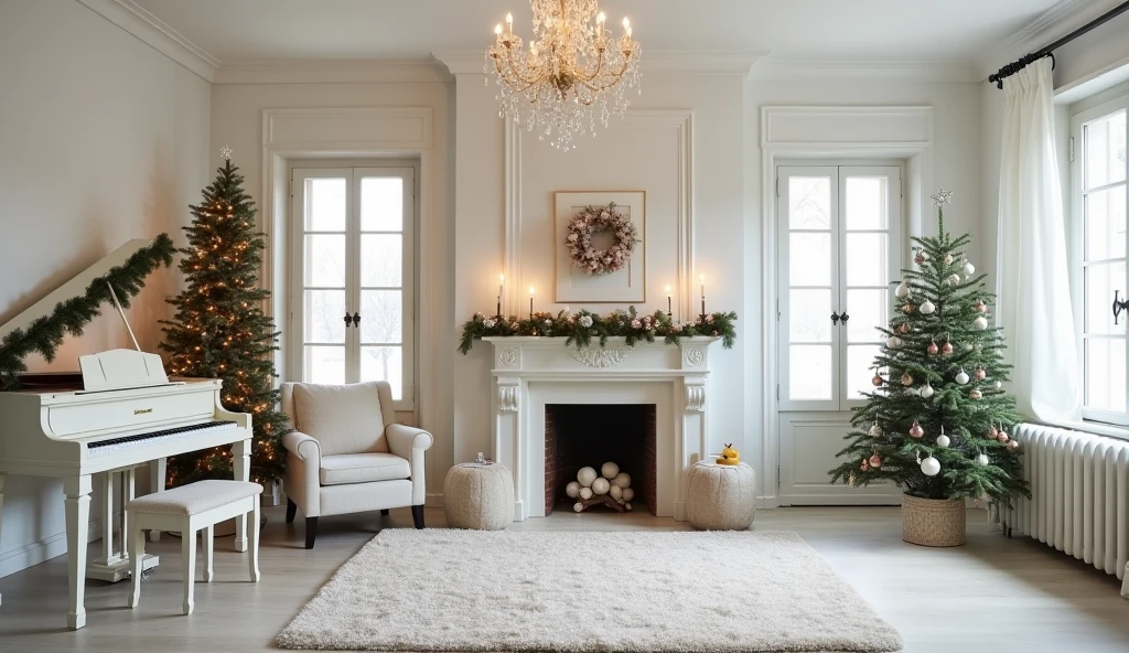 Provençal room decorated for Christmas with a beautiful chandelier, with white wall piano, side fireplace with armchair, Christmas tree, side window, all white