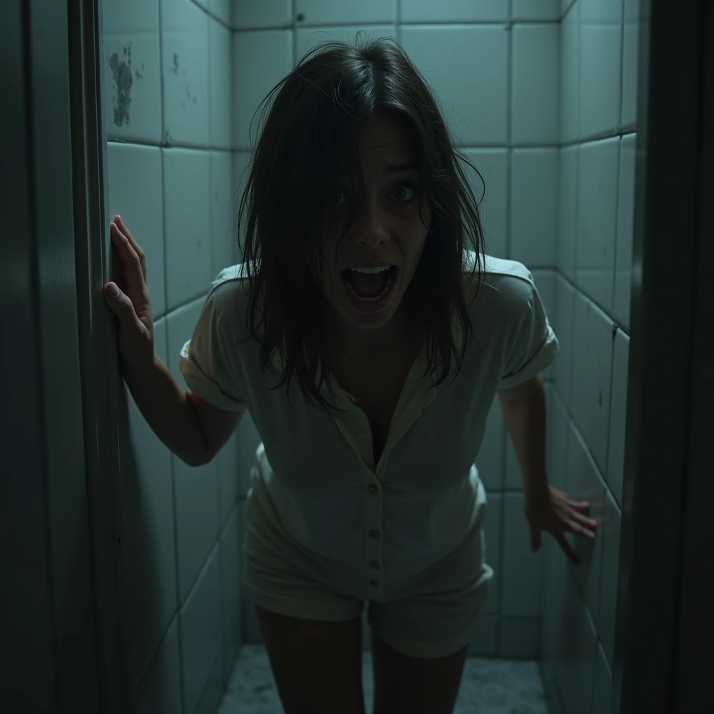 a brunette woman with straight hair, with about 1,65m tall, dressed in simple pajamas, but now dirty, backs away slowly until he leans against the cold, damp wall of his bathroom. Your hair is disheveled, falling disorderly over his pale face. The dim light in the bathroom. Fear takes over his face, his eyes wide and filled with terror, fixed on something that hides in the shadows. Your breathing is short and choppy. As she desperately tries to get away from something invisible that is approaching.