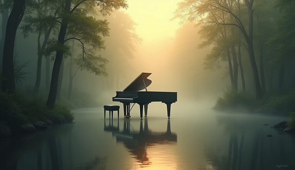 Tall tree々The painting depicts a landscape of a large black grand piano set in a forest reflected in the calm water.。The atmosphere is shrouded in mist、The light shines through the fog、Creates a warm golden glow。This image captures the peace and beauty of nature.、Fog and reflections evoke feelings of serenity and introspection.