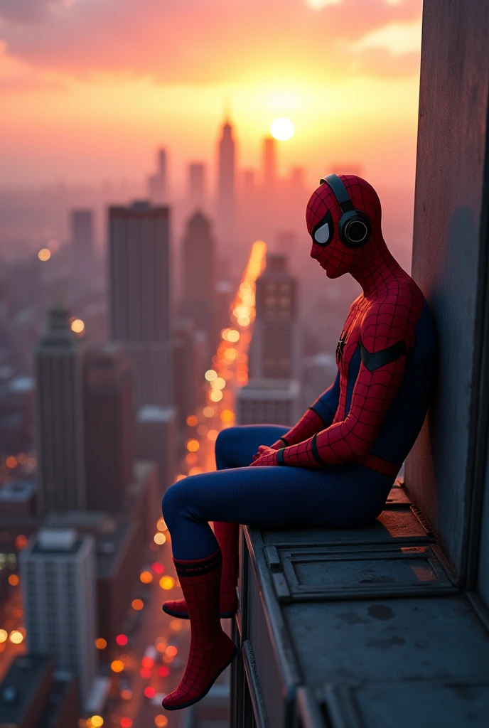 Spider man listening songs on the top of bulding