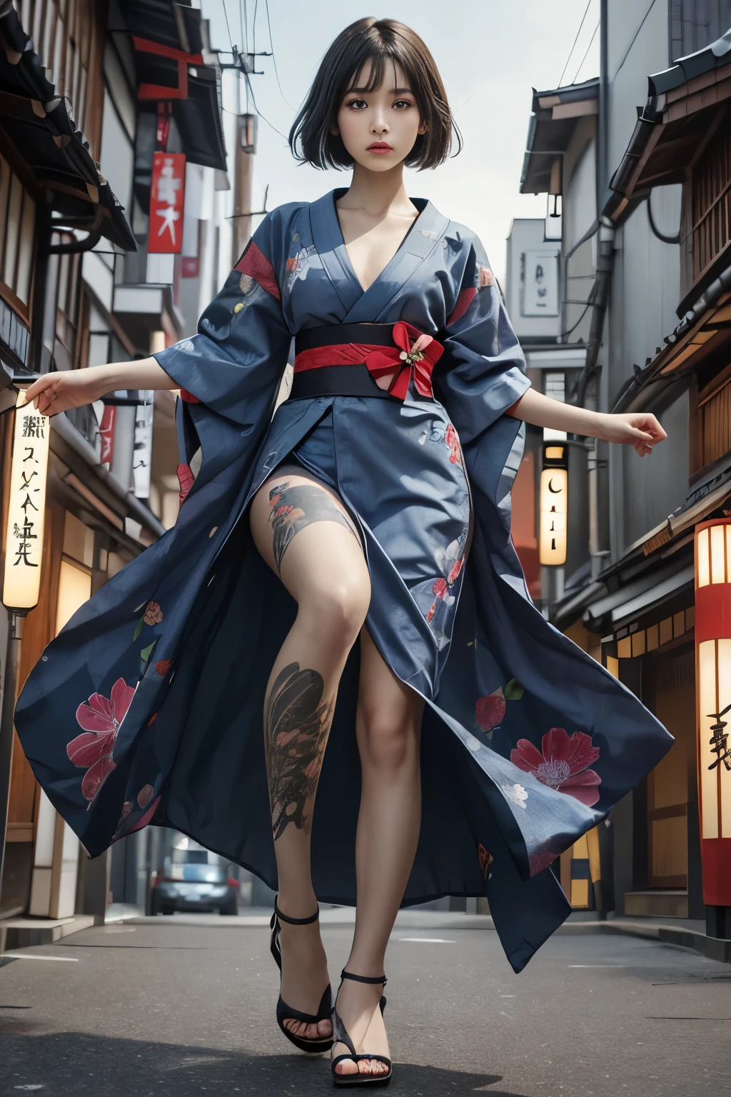 Beautiful Thai-Melanesian woman, (), pretty face,Athletic feminine body, Female fitness model body, Hard toned feminine body, (muscles: 1.2),Japanese idol,(wearing cute kimono: 1.3), Red high heels, short length,Short hair, (bob cut), (bangs: 1.2), (coloring),(kunoichi ninnjya fighter in fighting position),(tattoos all over body, 80% of body covered in Japanese tattoos: 1.4),masterpiece, perfect lighting, ultra high resolution, 32K, (highly detailed: 1.4), From the front, looking at the camera, melancholy expression,(Tokyo city, many people in the background),Too beautiful sniper,Beautiful nipples,A beautiful assassin,A kimono combat uniform with a plain pattern and mainly indigo blue,A decisive battle between the two armies across the river,Battle of Kawanakajima,A plain kimono with a plain pattern, a battle costume,(Flat Chest),A beautiful girl,Sparkling Eyes,