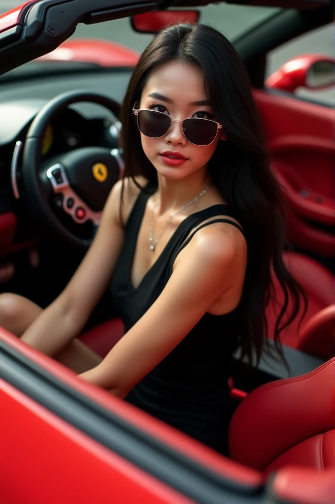 an Indonesian woman wearing a black tank top with her hair down and wearing sunglasses to complete his style In a Ferrari 