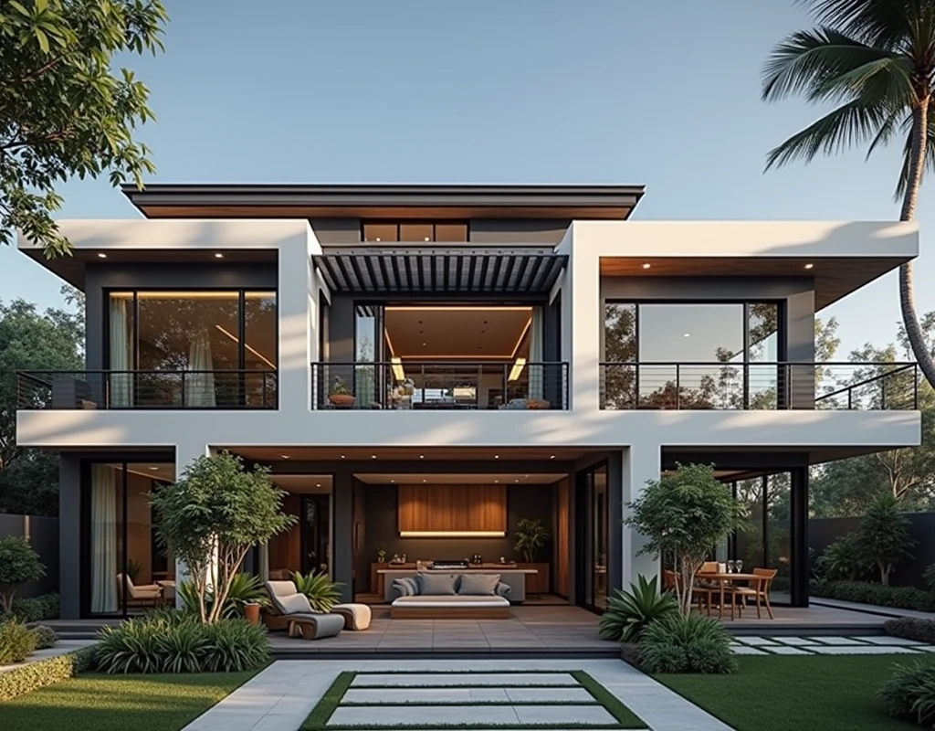 Le projet d'une maison sur un terrain de 420 mètres carrés. maison moderne à deux étages. Cour arrière herbeuse avec jacuzzi et jardin, Coin gourmand avec barbecue et table pour recevoir des amis. Éclairage dans le jardin et l'espace vert avec des plantes suspendues.