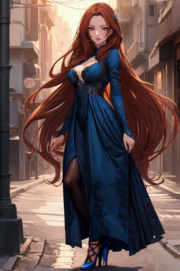 a beautiful fit anime woman, very long auburn hair, blue dress, standing on a street, wearing high heels, small , detailed face, beautiful eyes, detailed lips, beautiful detailed portrait, photorealistic, 8k, high quality, intricate details, hyper realistic, cinematic lighting, warm color tones, dynamic pose, visually stunning