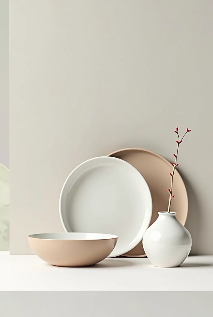 A plate, a bowl, and a ceramic vase are arranged in a minimalist style on a white, beige, and gray rectangular background