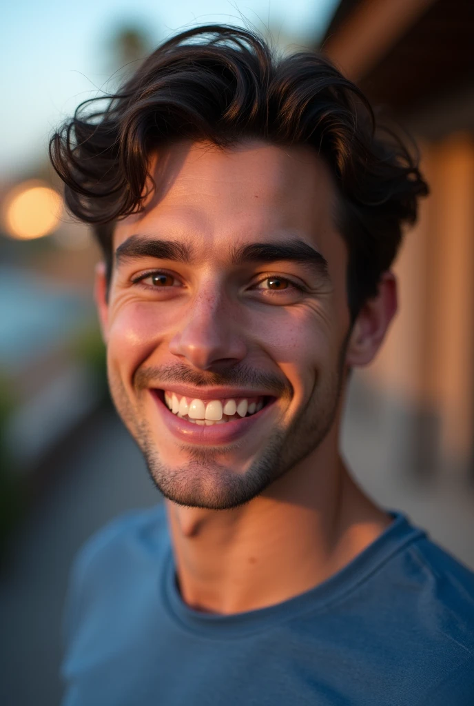 In the close-up, a handsome twenty-year-old with a fair complexion and dark brown hair gazes warmly. His brown eyes and clean-shaven face complement his smile with closed mouth. He wears a casual blue t-shirt, and the beautiful evening backdrop enhances the gentle glow on his features.