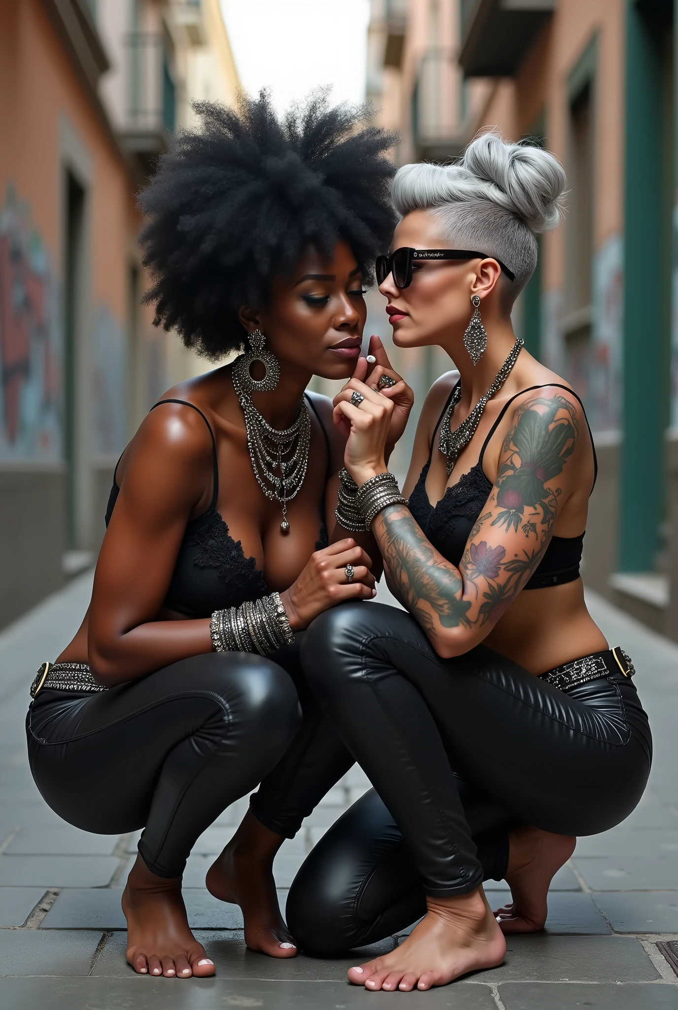 Three russian old  milf women: the dominant dark skinned gipsy woman (black afro), squatting with possessive stance (arms around her two girlfriends' necks). At her feet, kneeling on the ground,her two caucasian girlfriends: weak, light grey hair, submissive and needy, feeling defeated and needy, in laid back postures  with hands touching their thongs or their necks or chest, heads tilted and looking up with open mouths with arched backs,wide open legs. different clothes but all wearing clothes in rock chic style. grey hair (bouffant, top bun, shaved sides) and oversized square sunglasses. Big lips.  Black lace push up bras, silicone breasts,, low rise skinny leather jeans. Barefoot.. Lots of thick wide studded bracelets, chain necklaces and big rings,. Long earrings with chains and feathers. Chains around their hips. Lounging lazily on the ground with bended knees, separated legs and arched backs. Lazy, leaning back, laid back pose, separated legs. Neck, chest, stomach, feet, hands, arms and wrists heavily tattoed.  Toned abdominals, thin neck, slim legs and thin arms. Narrow hips. Both, open legs. Full body. At a Madrid narrow street with graffitied walls. 