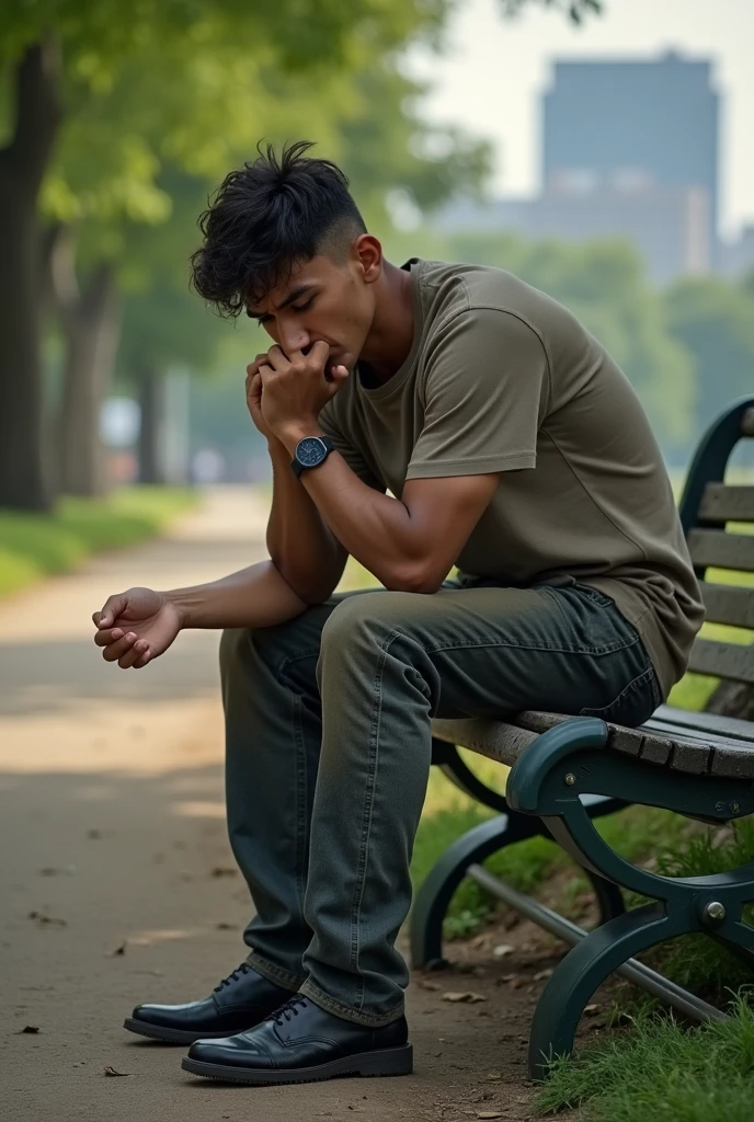 A photo of a young man sitting on a bench upset about being poor