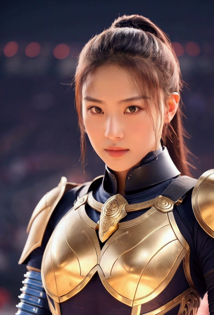 A beautiful girl in the guise of an ancient warrior, adorned with powerful armor, looks on the camera, creating a strong and captivating image. The scene is set in an arena with a large audience, captured in high-quality photography."