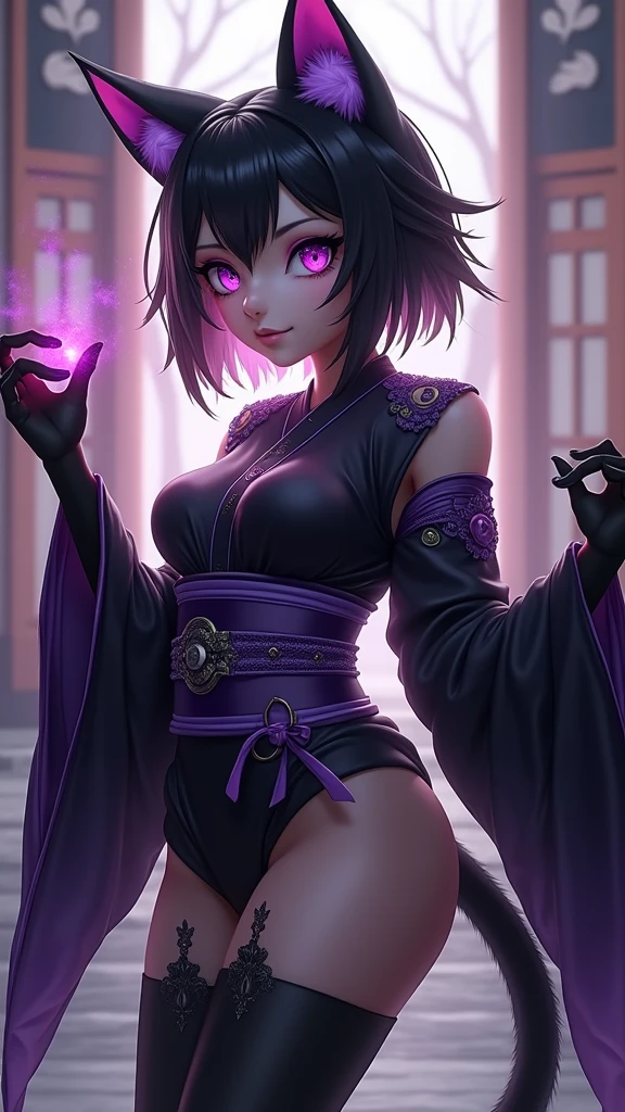 furry cat girl ,anthropomorphic, small cat ears, fur covered succubus tail, medium sized breasts, blue slightly violet colored cat eyes, thin slit irises, thin iris, violet mist aura, small closed lip smile,  body, black kimono laced with dark purple linen, angle on the left side, furry body, black fur, violet claws, furry person, paws, cat face, muzzle, Japanese background, paws, demonic violet aura, long hair, silky hair, straight hair, black fur covering entire body, Multiple tails, small purple demon horns, toe-beans on paws, purple claws, visible paw pads, cute, magical violet aura, black fur, purple gemstone kimono, 9 cat tails. Furry Wings, Medium sized Wings, flying, camera facing the back, back visible.high quality, (RAW photo, best quality), (realistic, photorealistic: 1.4), (extremely delicate and beautiful: 1.4), amazing, fine details, masterpiece, ultra detailed, high resolution, best illustration, best shadow, intricate, ( extremely intricate: 1.2), (exquisitely detailed skin), cinematic light, perfect ???????, (cool color: 1.4), sharp focus, 8k UHD, DSLR, (Fujifilm XT3),(estilo cinematográfico :1.4), (efectos cinematográfico :1.4), (colores cinematográfico), (anthropomorphic:1.4), (puntos negros en la piel jaguar :1.4), (dark ebony skin:1.4), (nsfw:1.4 ),(nsfw V2.1), (estilo lingerie BodySuit transparente :1.4) 
