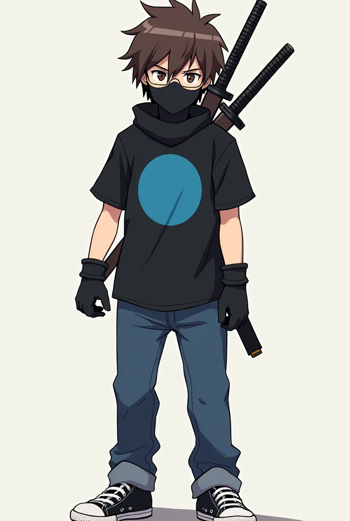 -Anime character -Brown hair -Good physique -Edge safety glasses -Dakura on the head -Jeans -Converse tennis shoes -Black t-shirt with blue in the center -Carrying a sword on the back -With a balaclava on the face -White skin