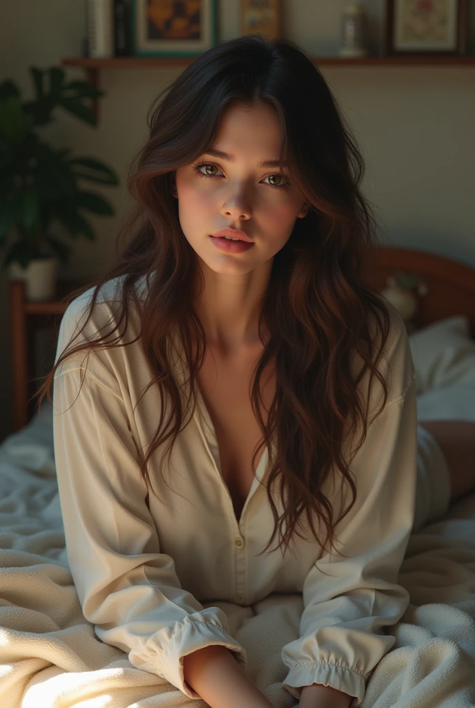 Woman with brown wavy hair, eyes browns, is sitting on her bed in her house.