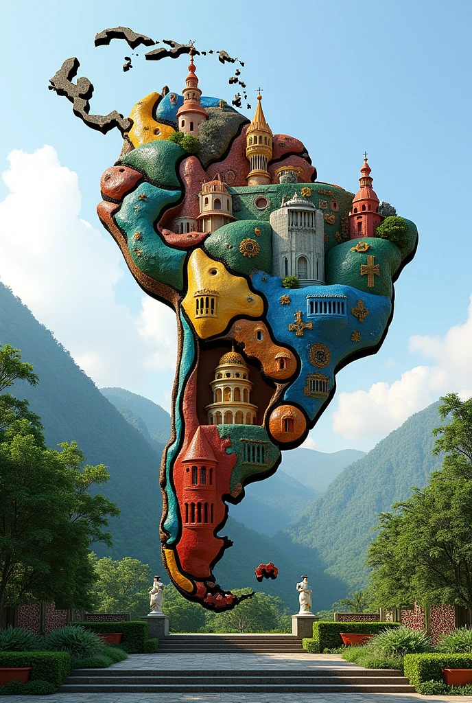 Create a monument that shows the shape of Latin America and its architectural richness with many colors and sustainable materials.