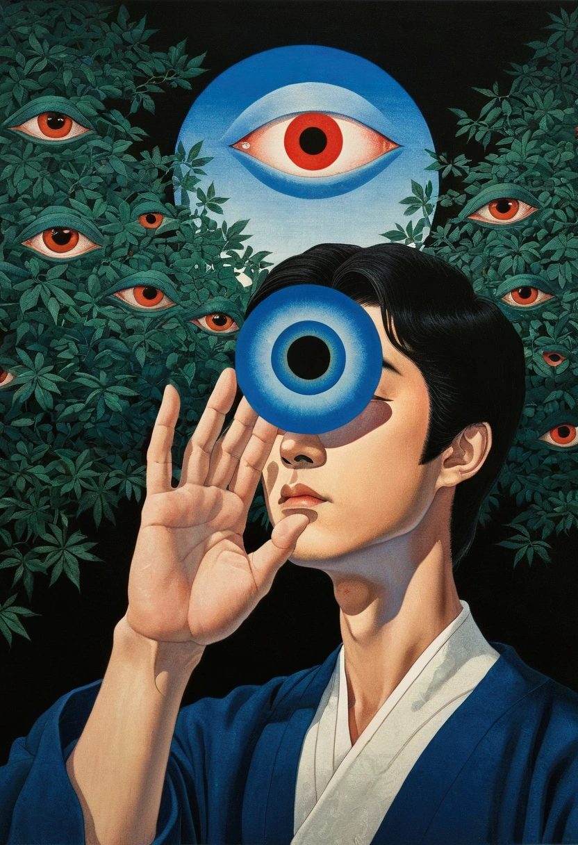 The painting shows a hand reaching towards the eye to take a drop of water, Nagaoka Shusei, inspired author：Hiroshi Nagai, author：Hiroshi Nagai, Kurumida Masami, 打开The Third Eye, Raphael, ( All-Seeing Eye ), All-Seeing Eye, Judy Chicago, author：Taro Okamoto, Naoya Tanaka, The Third Eye, Fantasy painting