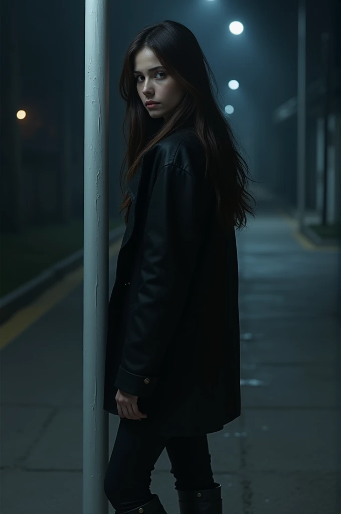 Generates a beautiful realistic young brunette sad looking straight ahead, In the darkness of the night, black jacket and black boots, WHITE POLE