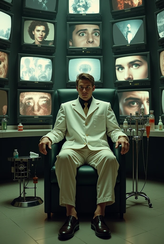 A picture of Ludovico&#39;s chair, with straps and medical equipment that symbolize restriction and lack of freedom. on the chair, you could superimpose images of open and forced eyes, evoking the idea that Alex has no choice but to face what he sees.

Around the chair: Movie screens or televisions showing clips of violent scenes (without being too explicit), remembering the videos that Alex must watch. These screens may have faded images of violence or war., symbolizing what is being imposed on him.

Medical objects: Images of syringes, eye drops, and other medical equipment to underline the clinical and coercive nature of the treatment.

White coat: Photos of doctors in white coats, looking at Alex (or towards the viewer), showing their role as authority figures. The white coat may also have ink or blood stains on it to symbolize the questionable morality of these mentors..

Distorted musical notes: As Alex is a lover of Beethoven, Including distorted classical music scores or superimposed images of violence may symbolize how their love of music is corrupted during treatment..