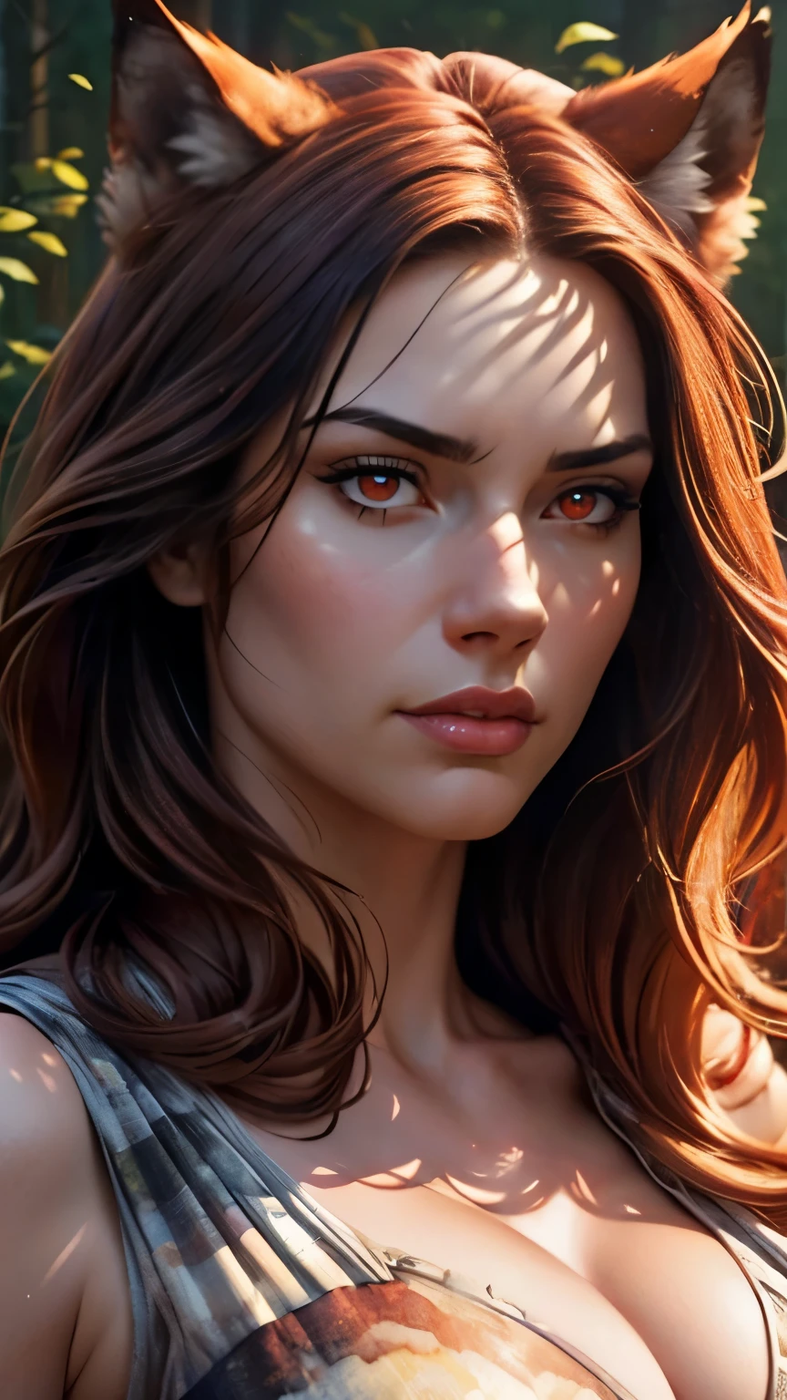 Highest quality, highest resolution, detailed depiction, delicate depiction, diverse lighting, majestic expression, viewer's gaze, realistic watercolor painting, photorealistic, detailed background, delicately painted, strong luster, faithful depiction to reality, highest quality, masterpiece, ultra-high resolution, 8K, perfect beauty, strange world, mysterious world, woman raised by wolves, animal clothing, threatening with claws, untrimmed hairstyle, ruby red eyes, detailed expression, hairy woman, tense expression, woman with a sweet expression, confident, in an open grassland in the forest, the divineness of early morning light, softness, plump