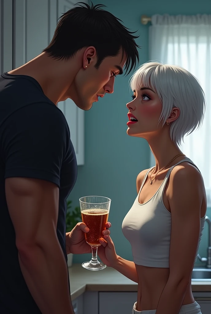 A couple fighting in the kitchen, The tall man has straight hair, and strong physique with a black shirt standing leaning against the kitchen sink he was holding a glass cup with a drink inside, and the woman in front of him, the woman has very short white hair, light brown skin and violet eyes, dressed in a tank top, white