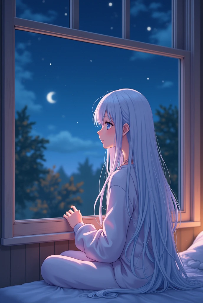 Beautiful woman、Very long silver hair、Looking out the window、Outside view、2D、anime、Girl with light blue eyes、Eyes sparkle、Staring silently、night、pajamas、animeのかわいい少女、2Dイラスト、Single image