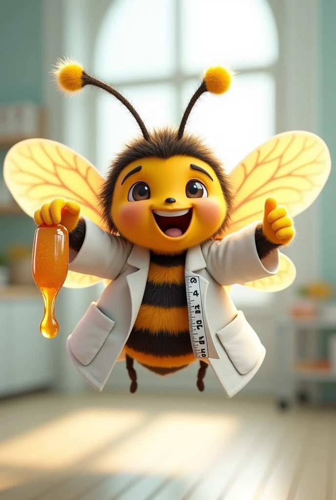 nutritionist bee in lab coat with a measuring tape around her neck cute realistic happy flying with her wings holding some dripping honey