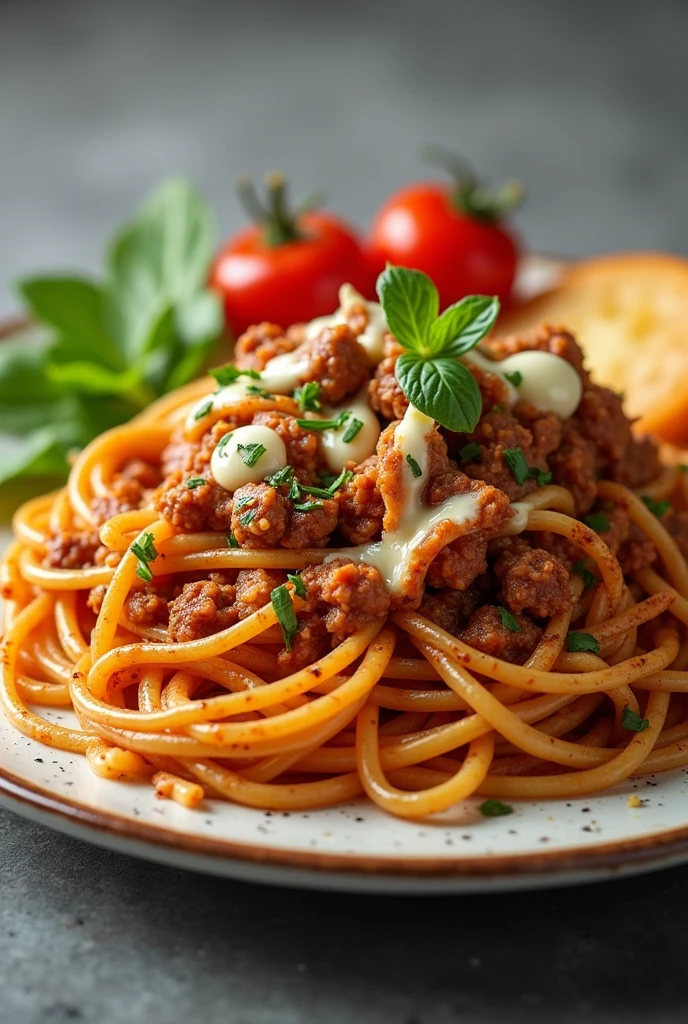 (photorealism:1.2),full view image of spaghetti mixed with hot and smoky minced meat,mayonnaise and cheese spicy sauce, flat plate, vegetables, by Greg Rutkowski, by Alphonse Mucha