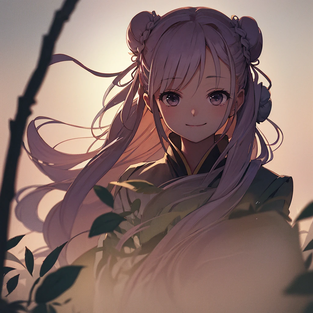  1 person、(),(((silhouette:1.2)))、 (Hair Ribbon:0.4),(((Bun Hair))),(((Very long hair))),(smile),Kunimi Tama,(Face close-up),Blacksmithing、leaf、rose、Abstract、Zhou Haoguang、(Blurred Background、Blurred foreground、Depth of written boundary:1.3)、Swirling Mist、Iridescent mist、god々Abstract texture、Dripping、