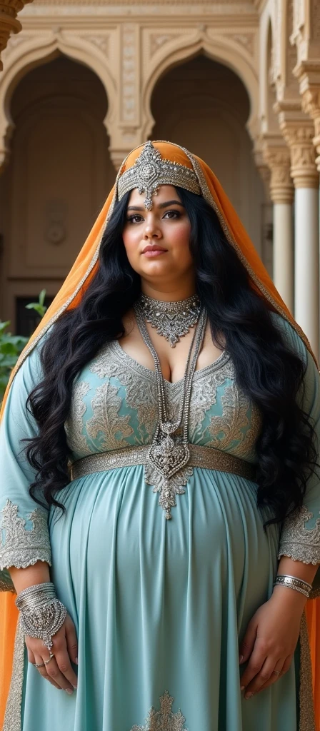 portrait of a plump woman inside the Alhambra with very long black hair, crowned with a medieval Arabic headdress with an orange veil, pastel blue kaftan with silver Arabic embroidery, silver jewelry, Al-Andalus era, ethereal atmosphere.