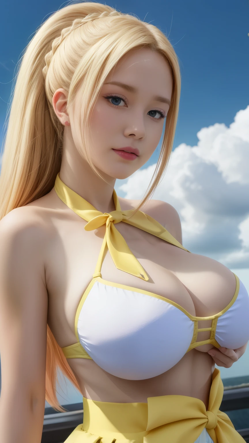 lalatinadustinessford, breastsout_huge, standing, 独奏, Bikini_offwhite_overskirt_waist_Bullish_Yellow_fissure_front-facing_necktie_borboleta_vermelha, sky_starlit, Masterpiece artwork, best qualityer, face detailed, detailedeyes, Bullish resolução,