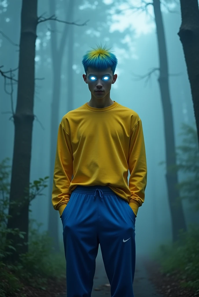 A man with bright white eyes,that I have blue Nike pants and a yellow shirt,blue hair and a yellow streak,and that it is in a foggy forest and that the eyes are noticeable