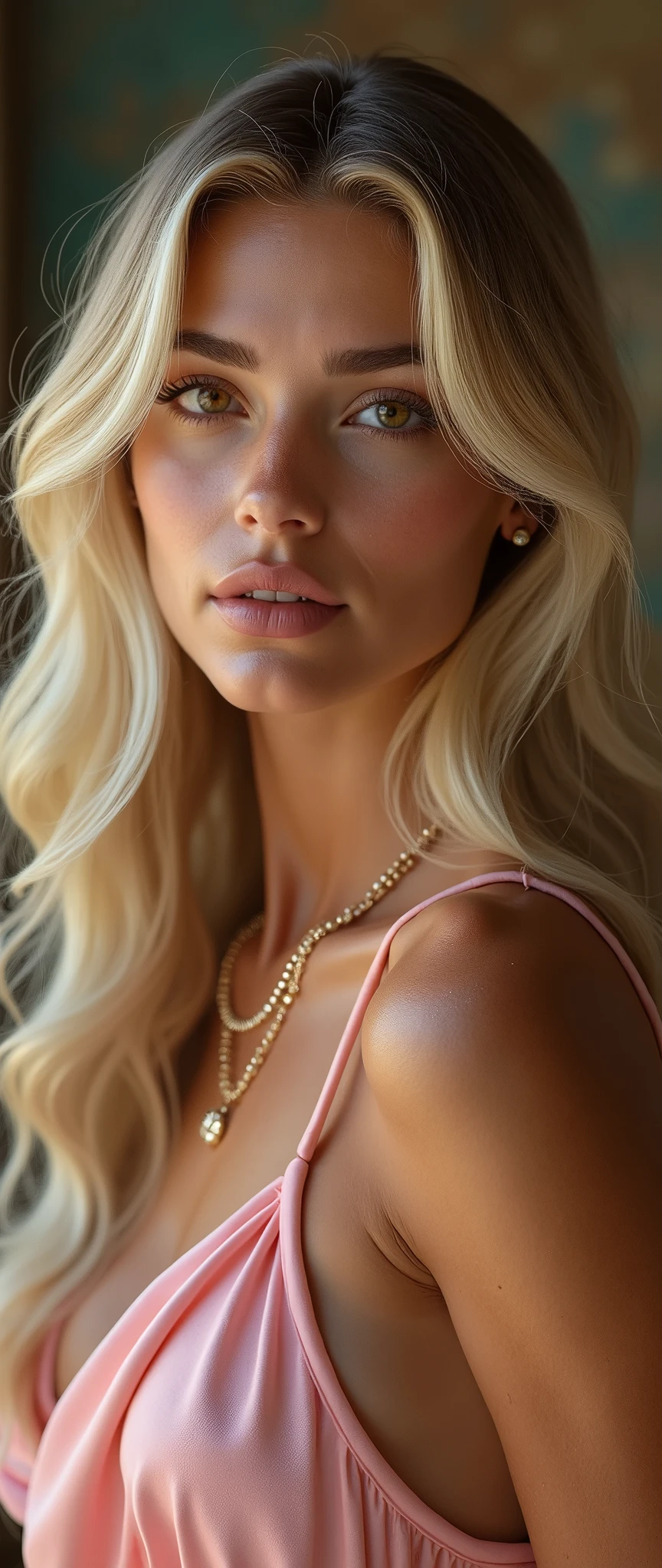 1 girl in, 20 year, royal mackup, standing alone, long hair, Colossal , looking ahead at viewer, hair blonde, hair blonde, topless, brown eyes, wet skin, shiny skin, jewelry, off soldier, very line body, close up, a necklace, pink silk dress, realistic, A sexy, small breast, visible breast, breast nipples, royal family, princess, 