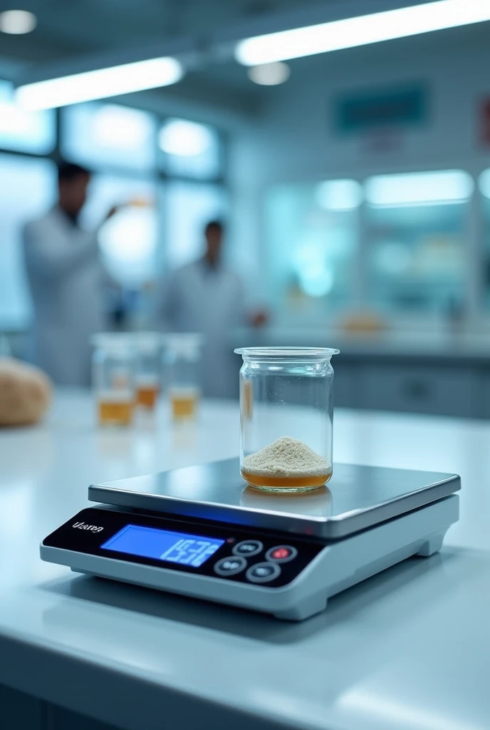 a digital scale that has a laboratory instrument called a watch glass with a little bit of yeast on top