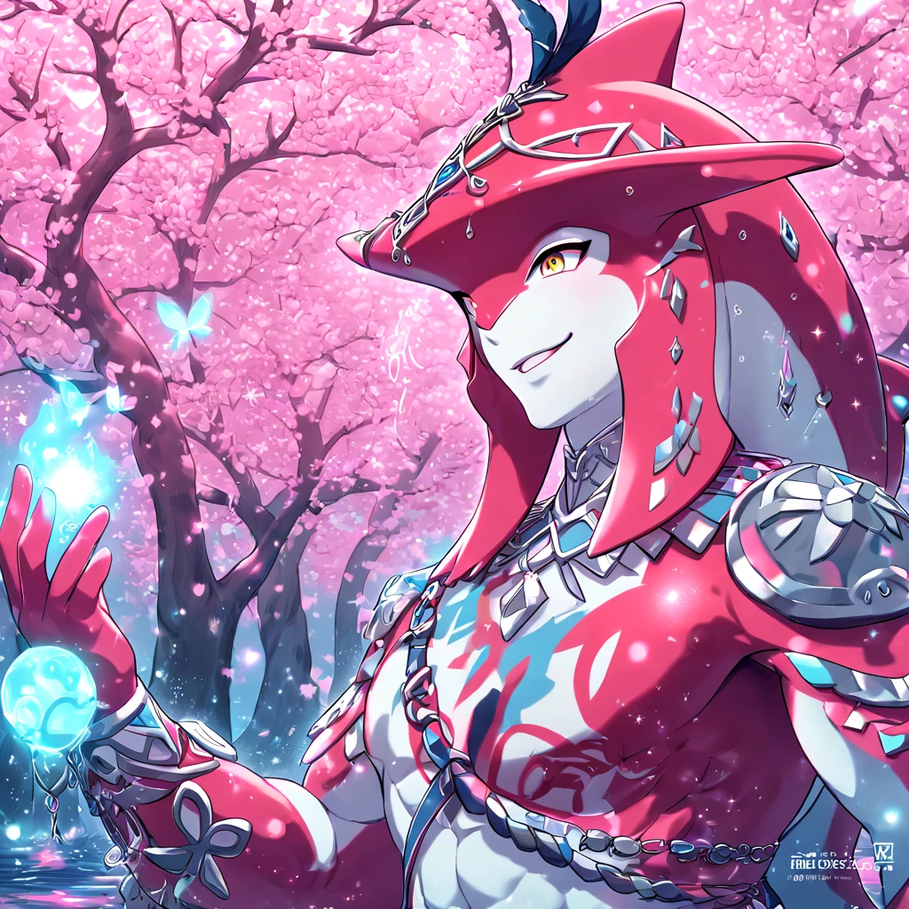 absurdres, highres, ultra detailed, HDR, master piece, best quality, extremely detailed, Sidon, white skin, expressive yellow eyes, The Legend Of Zelda Breath Of The Wild, solo, sexy zora, manly zora, red zora, adult face, smile, handsome, prince, water, under a pink tree, fantasy, magical, glittering fireflies, pink butterflies, pink flames, magic, pink leaves