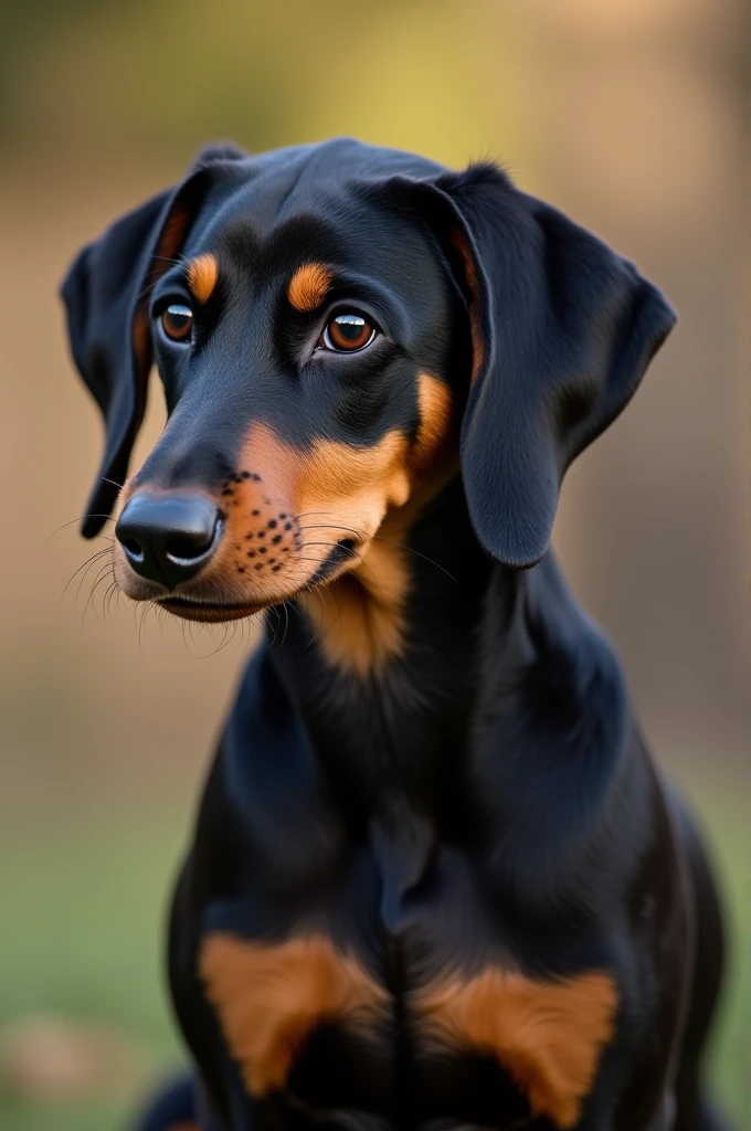 Dark and light brown female Doberman with one drooping ear and a black terrier and French poodle puppy