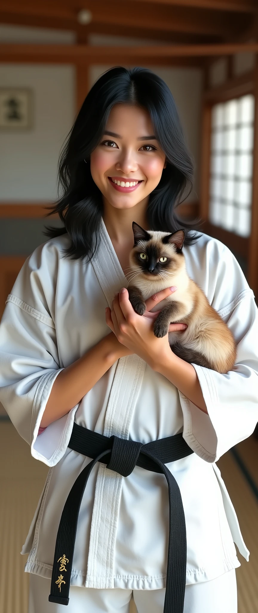 ((photogenic, photographic)), hold cat, (Siamese cat, blue eye, short hair, :1.3), Front view , Full- body,  beautiful  Muang Thai, sole, (black hair, middle hair , brown eyes, Beautiful Lips, smile), (C cup , Wide ) ,((Karate White clothes, Karate  White ,  Black obi:1.3)), At the Karate Dojo, Standing on tatami mat, Textured skin ((Surrealism, Fujicolor, Fujifilm, UHD, retina, masterpiece, accurate, anatomically correct, textured skin, super detail, high details, high quality, best quality, 8k))