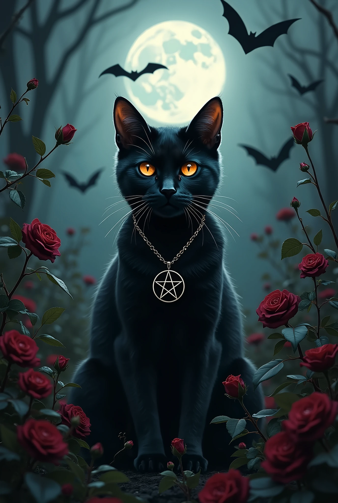 Image with a black cat with orange eyes with a pentagram necklace around its neck in a garden with many very black black roses. It's getting dark and there's a full moon and bats flying around the moon..