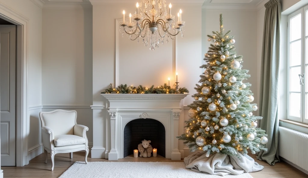 Provençal room decorated for Christmas with a beautiful chandelier, with white wall piano, side fireplace with armchair, Christmas tree, side window, all white