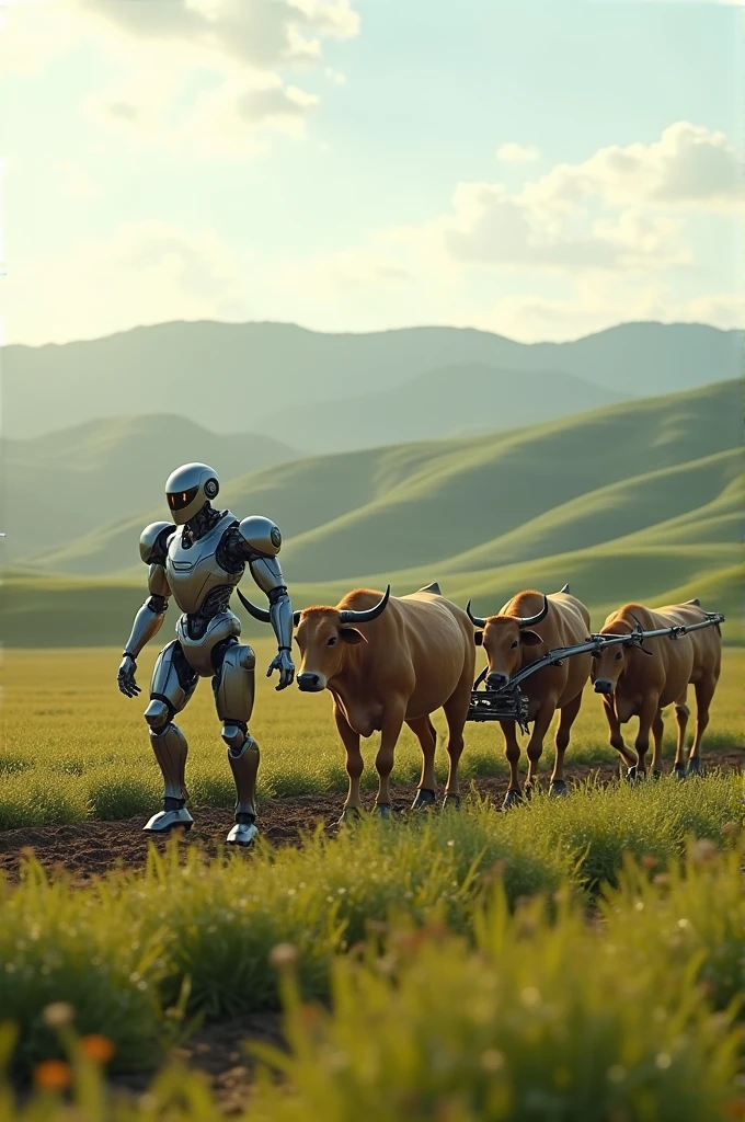 A  robot is cultivating with oxe in the field
