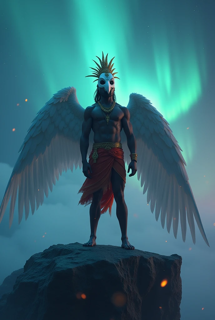 Cool cinematic animated character art, Silhouette of a man dressed as Garuda standing on the edge of mountain cliff, wearing white coloured bird mask, muscular physique, red and gold dhoti, bird wings, wearing indian golden crown, saree, mysterious Myst in environment, glowing particles in atmosphere, beautiful aurora in sky, darkness in atmosphere, night sky, colour graded, vibrant, 4khd
