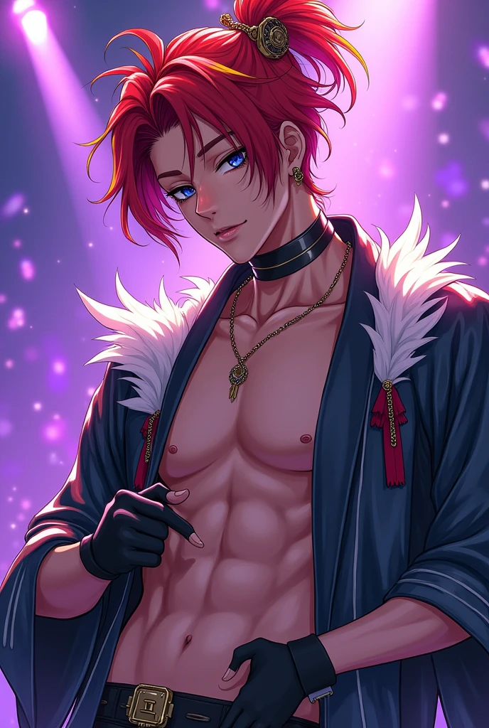 absurd, high resolution, ultra detailed, HDR, mingwa style, masterpiece, best quality, extremely detailed, detailed eyes, Quincy, red hair with yellow side streaks, messy ponytail hair, hair between the eyes, expressive blue eyes, mingwa style, solo, manhwa idol, sexy man, manly man, horny, lustful, handsome, fantasy, undressing, black haori, transparent kimono, black choker, feathers, accessories, black gloves, fingerless gloves, elbow gloves, black bow headband, cock full of old perverts, ear microphone, purple light spotlights, mouth piercing, crowded show, fantasy manhwa, dick show,